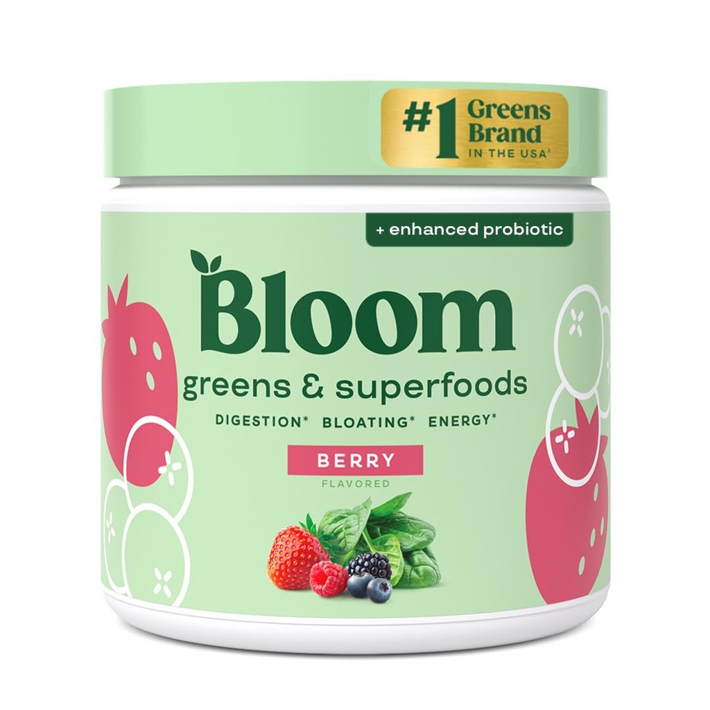 Bloom Toitumine Superfood Rohelised Pulber, seedeensüümid probiootikumide ja prebiootikumidega, soolestiku tervis, Bloating Relief naistele, Chlorella, Green Juice Mix peedi juure pulbriga, 30 SVG, Berry