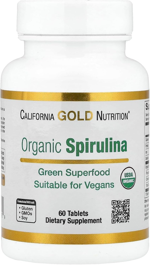 California Gold Nutrition Orgaaniline Spirulina Supplement, millel on roheline supertoit koos antioksüdantidega, Vegan Sõbralik, Gluteenivaba, Mitte-GMO, 500 mg,60 tabletti