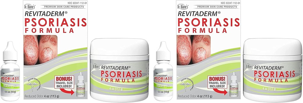 Dr Blaine's REVITADERM Psoriaasi valem - aktuaalne kreem söetõrva, teepuuõli ja lavendliõli sügelemiseks, helvestamiseks, kuivaks, krakitud naha leevendamiseks - 4 fl. oz. - Sisaldab Travel Size Bottle (2-Pack)
