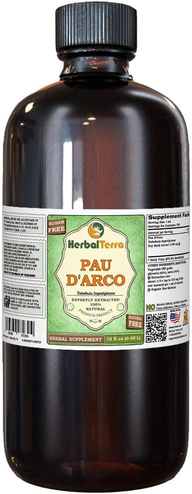 PAU d'arco (Tabebuia Impetiginosa) Glycerite, Dried Bark Alcohol-Free Liquid Extract (Brand Name: HerbalTerra, Proudly Made in USA) 32 fl.oz (0.95 l)