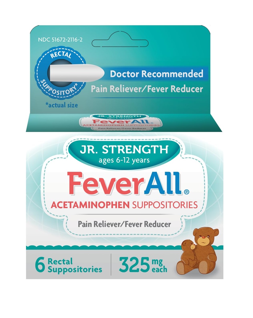 Feverall Children Acetaminophen Suposiidid 6 Rektaalsed küünlad 325mg Iga valu leevendaja / palaviku vähendaja Parabeenivaba, ei ole kunstlikke värve ega muid säilitusaineid. Vanus 6-12 aastat