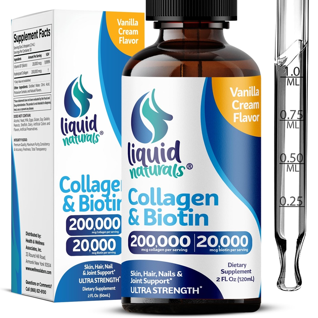 Vedel kollageen ja biotiin, 2 Fl. Oz, ülitugev kollageenpeptiidid naistele, kolmanda osapoole testitud biotiin juuste kasvu naistele, küüned ja naha vitamiinid B7 kollageno peptiidid - Vanilje maitse