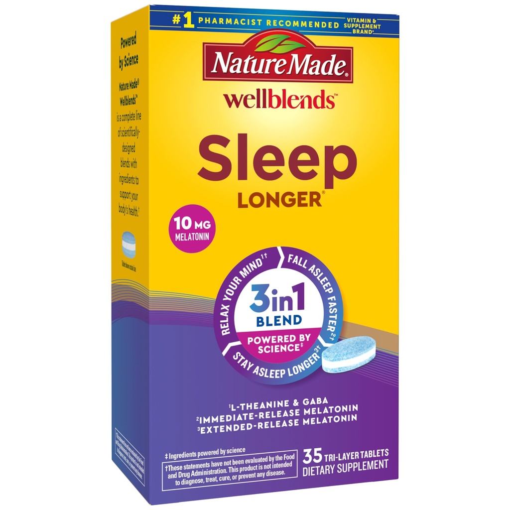 Nature Made Wellblends Sleep Longer, Melatoniin 10mg, L theanine 100 mg ja GABA 100mg, Sleep Supplement, 35 Tri-Layer tabletid
