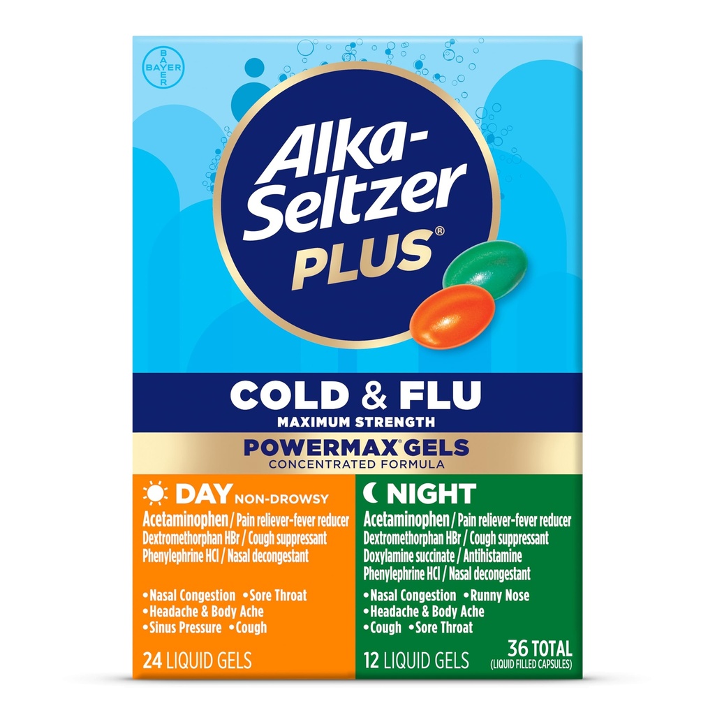 Alka-Seltzer Plus Power Max Cold & Flu Day + Öine meditsiin: köha supressant, külma ja gripi ravim täiskasvanutele ja lastele 12 aastat ja vanemad, 36 loe, pakend võib varieeruda