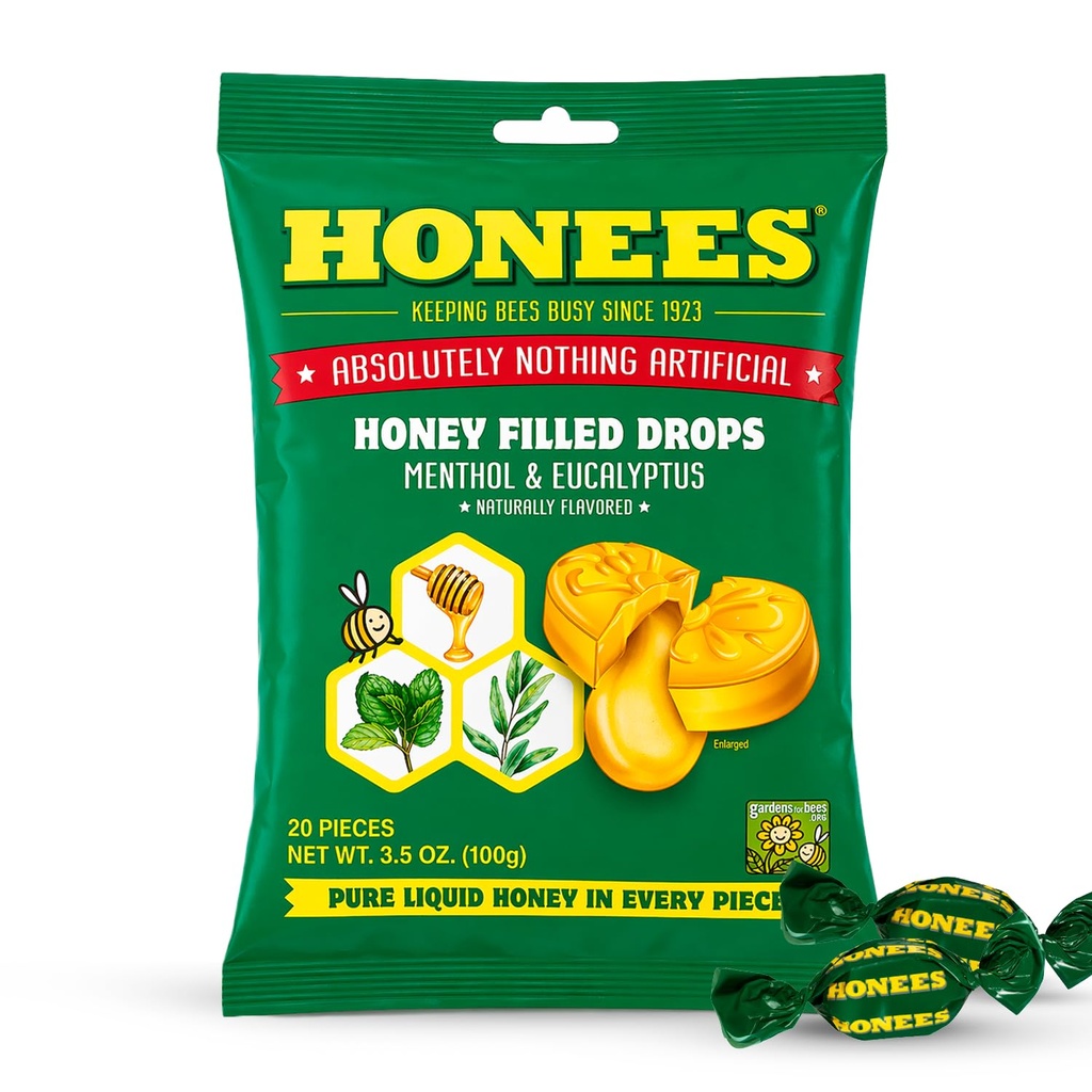Honees Honey Menthol Cough tilgad - 20-kordne, ühekordne pakend Mesi-täidetud kreemid | ajutine leevendus köha | Soothes valulik kurk | Kõik looduslikud