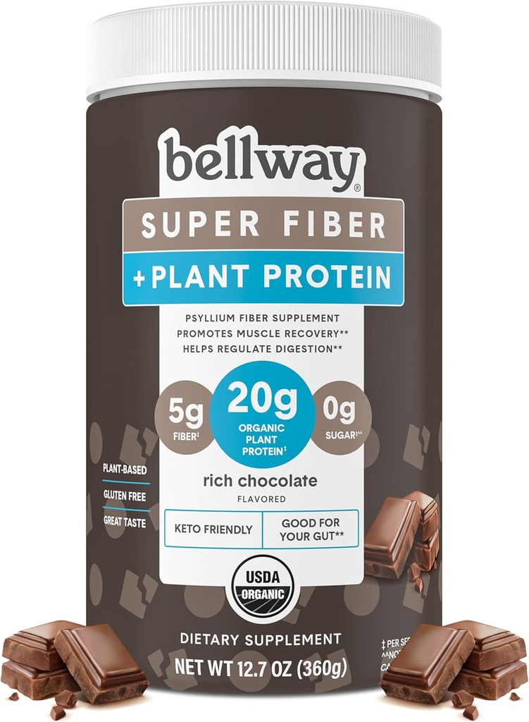 Bellway Super Fiber + Valgupulber, Suhkruvaba Orgaaniline Psyllium Kesta Lisapulber 20 g Taimevalguga Serving, Rikas Šokolaad, 12,7 oz