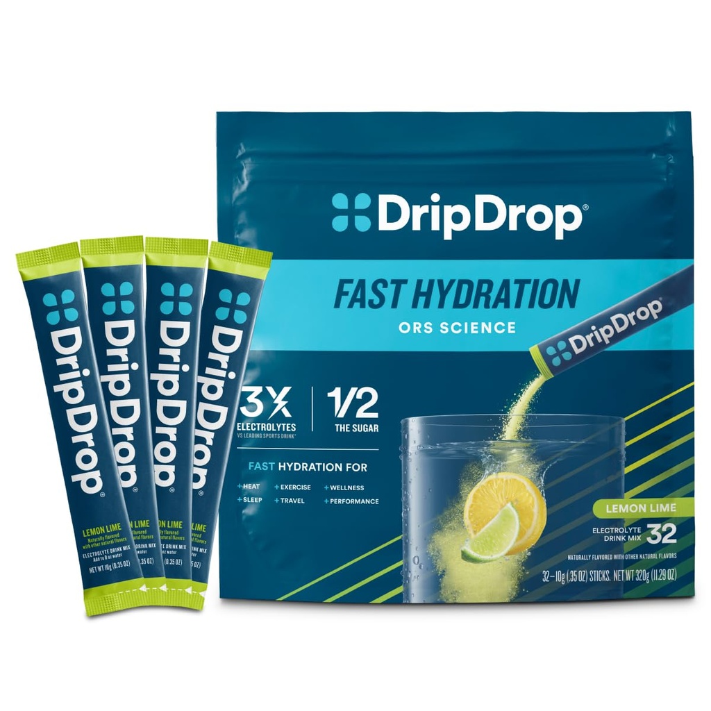 DripDrop hüdratsioonipaketid - Sidrunlubja - Ühekordse serveerimisega elektrolüüdid Pulberjoogisegu - Mitte-GMO, Gluteenivaba, Vegan - 32 Pulgad