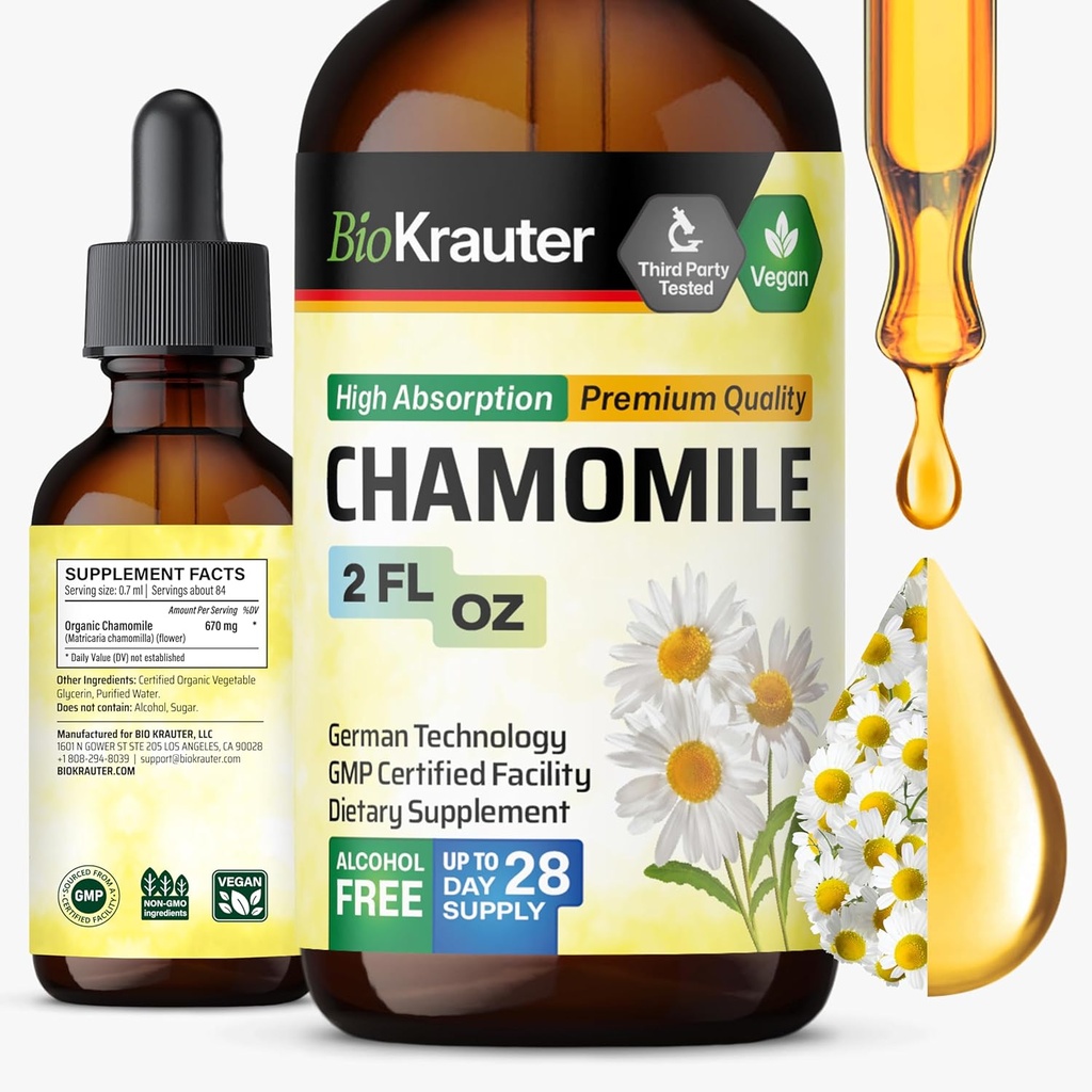 BIO KRAUTER kummeliõied Tinktuur - kummeliekstrakt - sisaldab apigeniini - lõõgastuse ja rahulikkuse toetamise täiendust - alkoholi ja suhkruvaba - Vegan langeb 2 Fl.Oz.