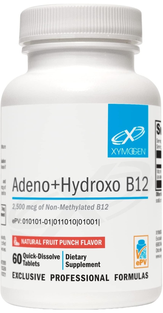 XYMOGEN Adeno+Hydroxo B12 - Non-Methylated (2500mcg) - Quick-Dissolve B12 Lozenges adenosüülkobalamiin B12 + Hydroxocobalamin - Kognitive Support, Fruit Punch Maitse (60 tabletti)
