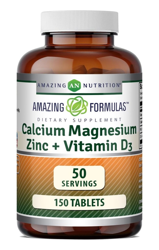 Amazing Valemid Kaltsium Magneesium Tsink + D3 täiendus | 150 tabletti | Mitte-GMO | Gluteenivaba | Valmistatud USAs