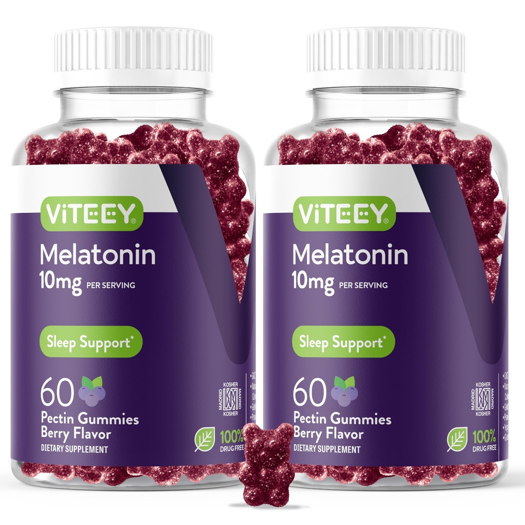 Viteey Melatonin Gummies 10mg - Sleep Gummies täiskasvanutele Extra Tugevus Melatoniin - Vegan, GMO-vaba, Gluteenivaba - 120 Count