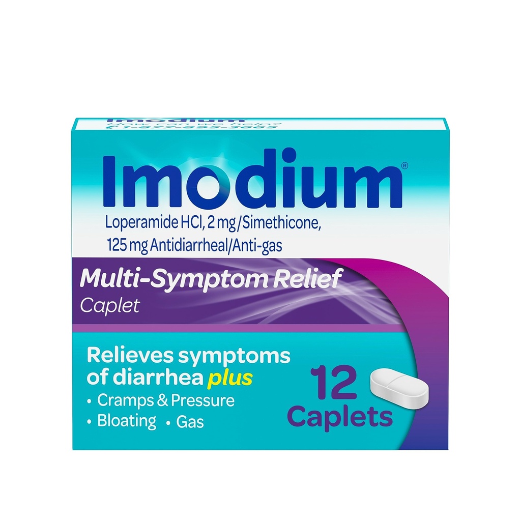 Imodium Multi-Symptom Relief Caplets , Loperamide Hydrochloride & Simethicone Anti-Diarröa Meditsiin kõhulahtisuse, gaasi, puhituse, krampide ja rõhu leevendamiseks , HSA / FSA Sobivad , 12 ct