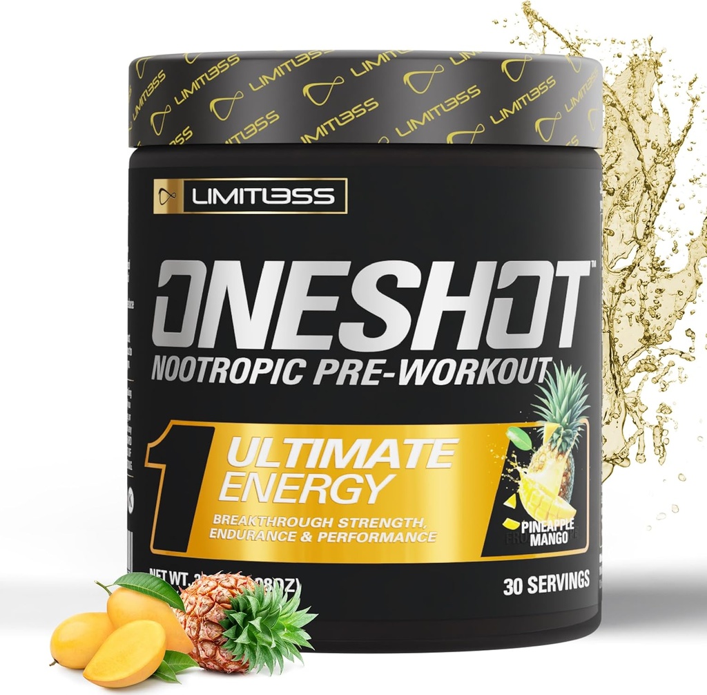 ONESHOT Pre Workout Pulber meestele ja naistele - BCAAS Aminohapped Täienduspulber, 200mg Kofeiin, Beeta-alaniin Pulber, tsitrulliini Malaadi Preworkout Pulber - ananassi Mango - 30 Servings