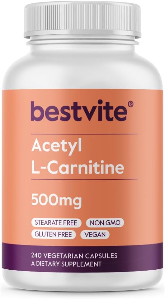 BESTVITE Atsetüül L-karnitiin 500mg (240 taimekapslit) - Stearaatideta - Vegan - Mitte GMO - Gluteenivaba