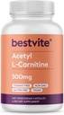BESTVITE Atsetüül L-karnitiin 500mg (240 taimekapslit) - Stearaatideta - Vegan - Mitte GMO - Gluteenivaba