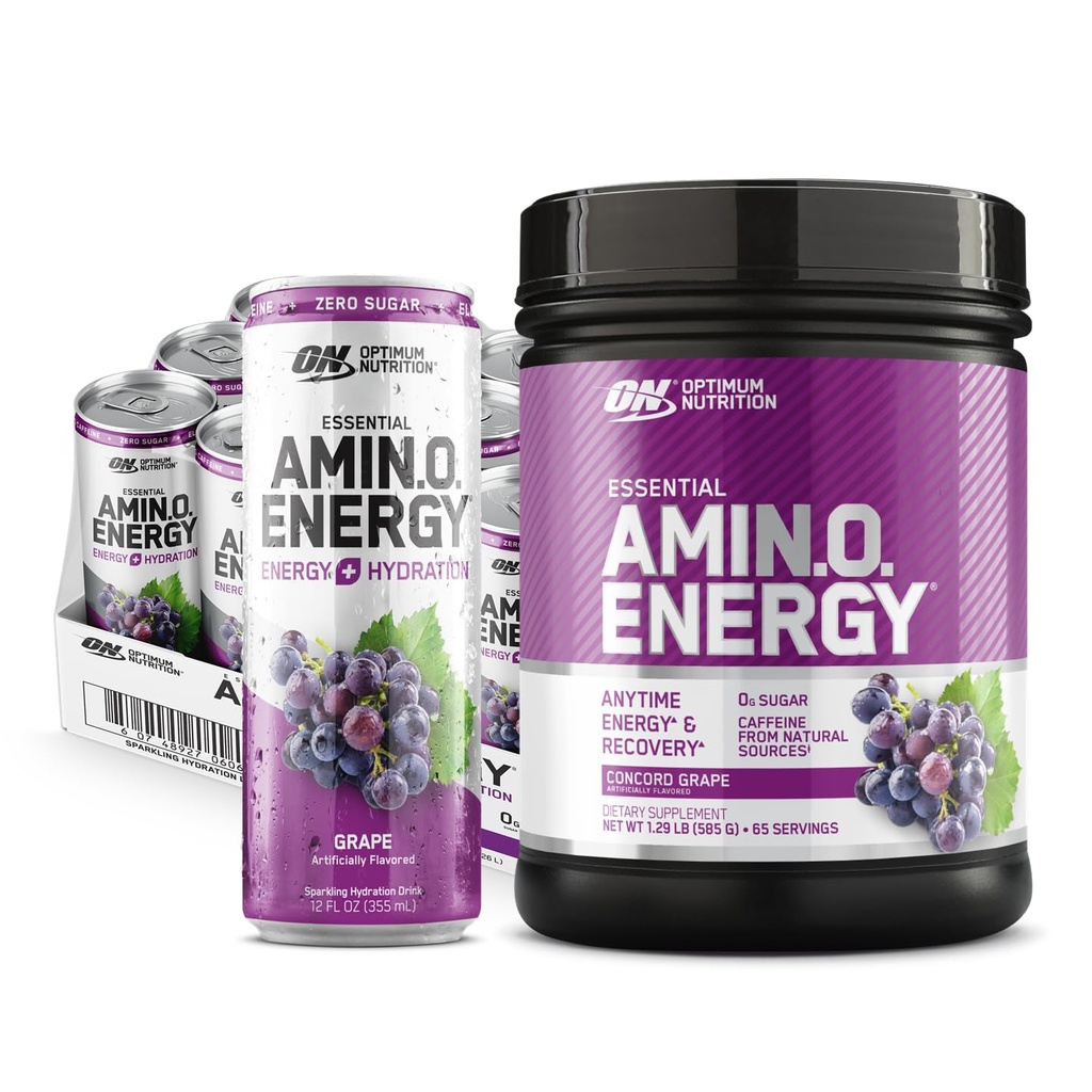 Optimaalne toitumine Amino energiapulber: Concord Viinamarja (65 Servings) koos Essential Amino Energy Plus Electrolyes Vahuvein: Viinamarja (12 Cans) - komplekti pakett