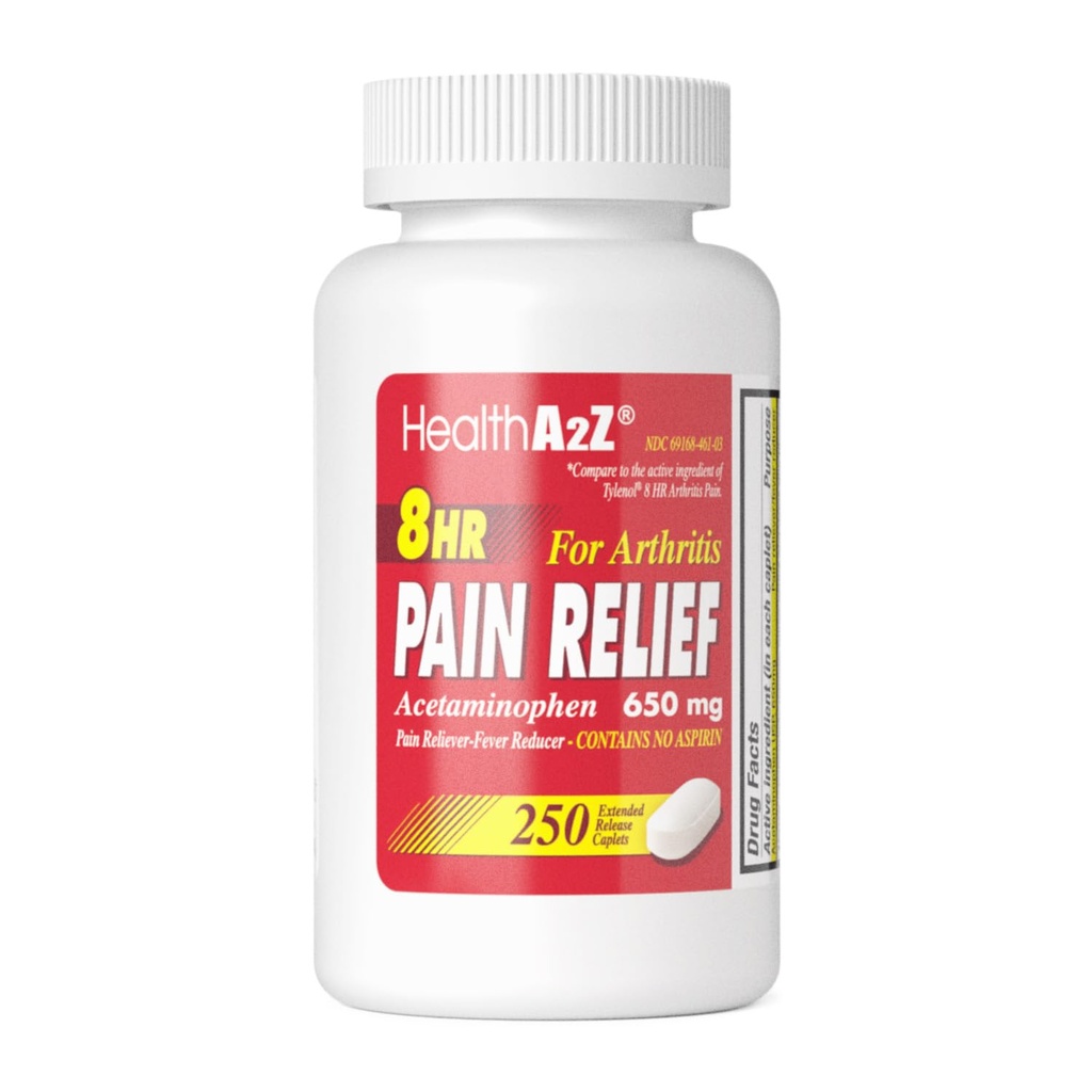 HealthA2Z® valu leevendamiseks laiendatud vabanemine | Atsetaminofeen 650mg | 8 tundi | Arthiriit Valu | Valu leevendaja - palaviku vähendaja | Ei sisalda aspiriini | (250 kapslit)