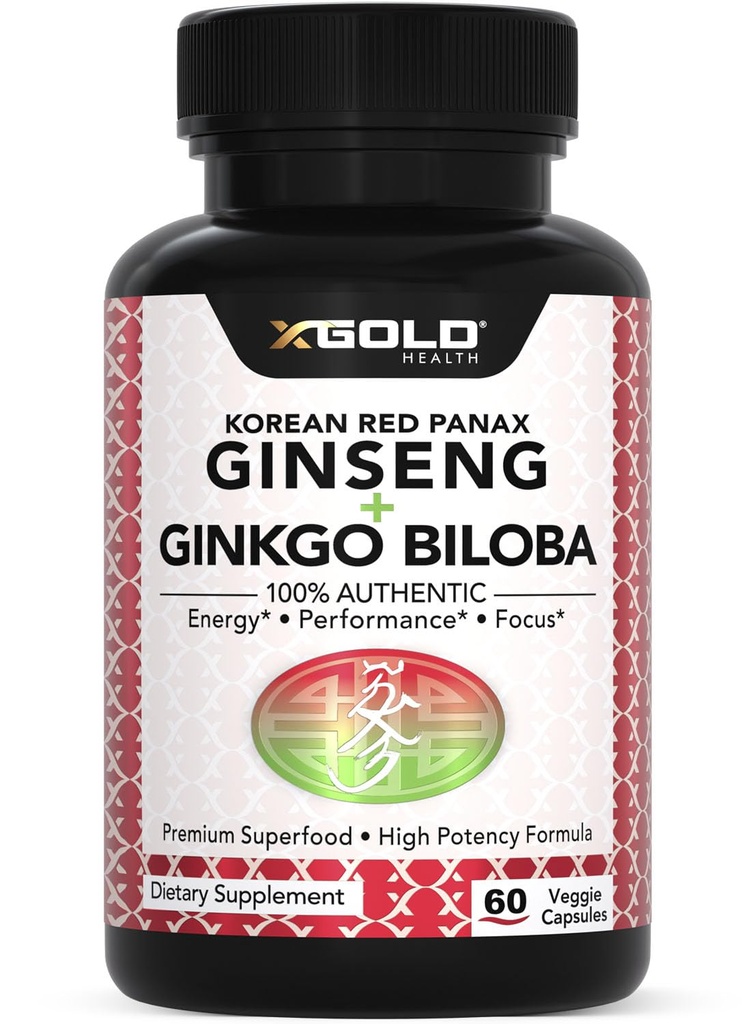 Korea punane Panax ženšenn 1200mg + Ginkgo Biloba - ekstra tugevusega juure ekstrakti pulber täiendus w / kõrge ginsenosiidid Vegan kapslid energia, jõudluse ja fookus - täiendus meestele ja naistele