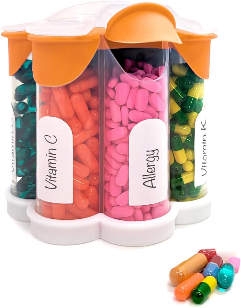 Ekstra suur Pill Korraldaja Igapäevane, Igakuine, Igakuine Täiendus Pudel, Cute Blossom Pill Dispenser 7 XL Kompartments, Lihtne Avatud Pill Karp Vitamiinid, Ravimid, Sildid Kaasas (Orange)