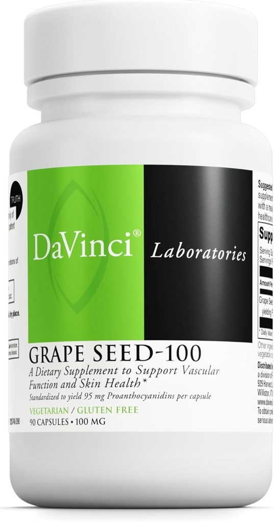 DAVINCI Labs Viinamarjade Seed-100 - toidulisand immuunsüsteemi, veresoonte funktsiooni ja tervisliku naha toetamiseks * - 100 mg viinamarjaseemne ekstraktiga serveerimise kohta - gluteenivaba - 90 taimekapslit