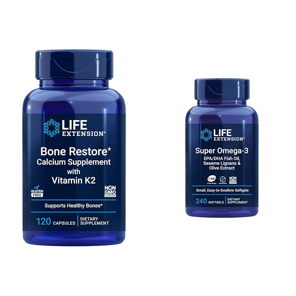 Elu pikendamine Luude taastamine + Vitamiin K2 Vitamiinid ja mineraalid Säilitada Luude Tervis ja tugevus & Super Omega-3 EPA / DHA Kalaõli, Seesami Lignans & Oliiviekstrakt