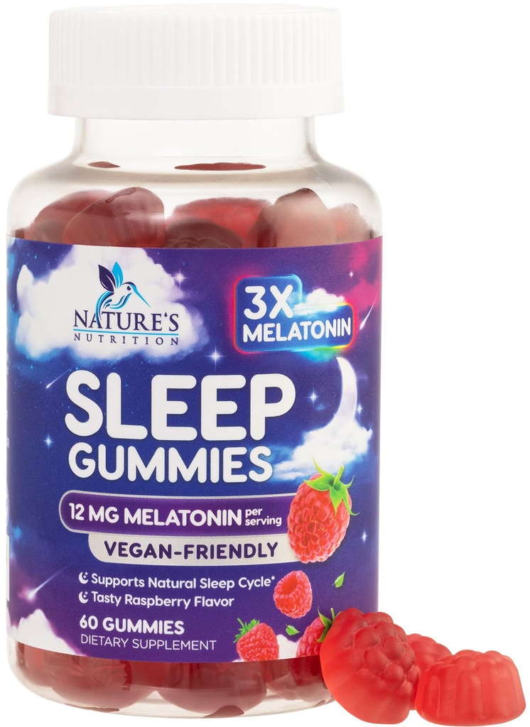 Täiskasvanute unekummid Täiendav tugevus - 12 mg melatoniini unekummi lisand, melatoniinkummi aeg-ajalt une toetamiseks, vegan, GMO-vaba, Gluteenivaba, Gomitas para Dormir, 60 Gummies