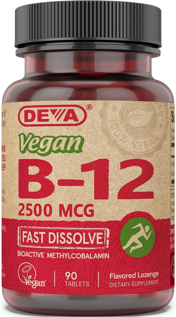 Deva Vegan Vitamiinid B-12, kõrge potents 2500 mcg B12, kiiresti lahustuv, sublingvaalne, 90 tabletti (pakk 3)