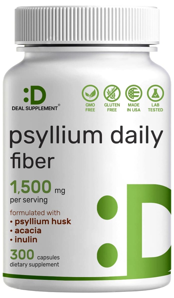 Psyllium Husk 1500mg per Serving, 300 kapslit - 3 in 1 kiudaine lisandit inuliini ja akaatsia kompleksiga - looduslik lahustuv kiud, toetab seedetrakti tervist - taimepõhine, mitte-GMO