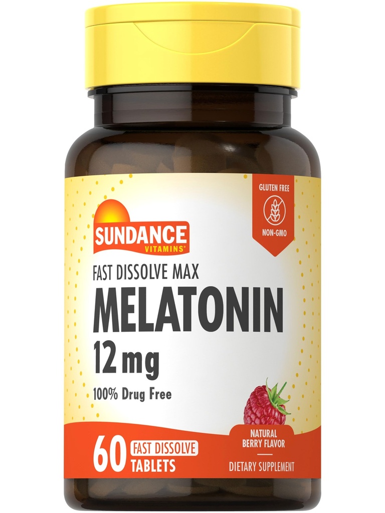 Sundance Melatoniin 12mg | 60 kiiret lahustuvat tabletti | looduslik marjamaitse | Taimetoitlane, mitte-GMO ja gluteenivaba toidulisand