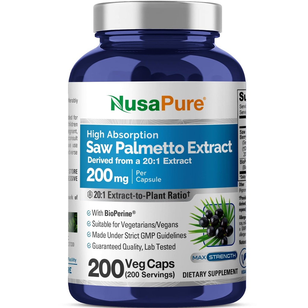 NusaPure Saw Palmetto 20: 1 ekstrakt, 200 mg, mis vastab 4000 mg Veggie Caps 200 Count Non-GMO, Vegan, Taimetoitlane, Bioperine