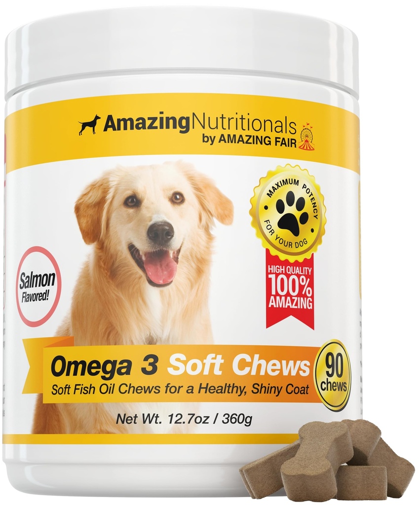Amazing Omega 3 koertele - Omega 3 kalaõli koertele Täiendus sügeleva naha leevendamiseks kuiva naha ja kuumade kohtade jaoks ning EPA ja DHA rasvhapetega kattekiht - 90 lõhe pehmed närid