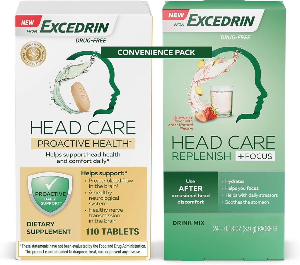 Excedrin Head Care Proactive Health Diet Supplement - 110 Count and Head Care Replenish Plus Focus Drink Mix 24 pakendist Mugavuspakett