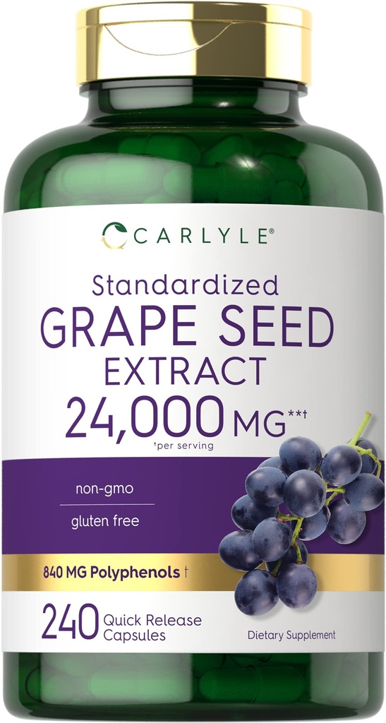 Carlyle Grape Seed Extract 24 000 mg ekvivalent 240 kapslit | Maksimaalne tugevus standardiseeritud ekstrakt | Mitte- GMO, Gluteenivaba