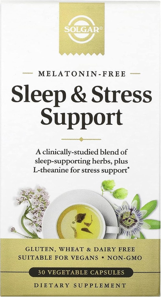 Solgar Sleep & Stress Support, Taimsed Kapslid, Melatoniini Vaba, Aitab Lõõgastuda, Rahusta Sind, Maga kiiresti, Paranda unekvaliteeti Valerian, Passionflower, Hops, Non-GMO, 15 Servings, 30 Count