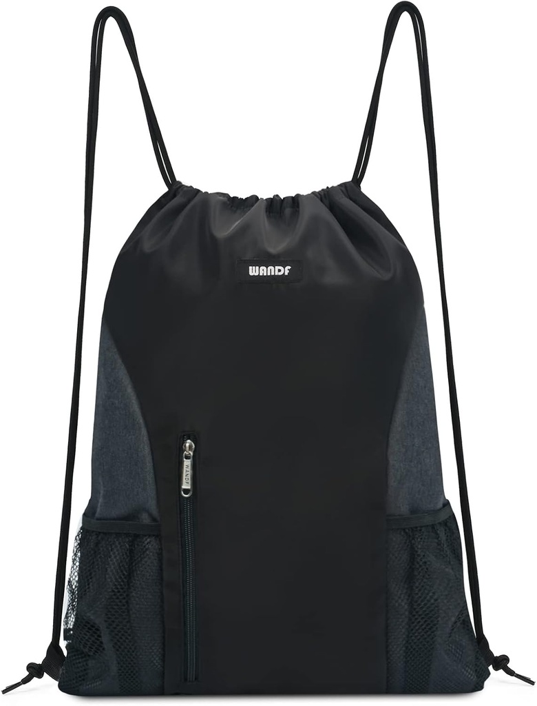 WANDF Drawstring Backpack Sport Gym Sackpack võrgusilma taskud Vesi Vastupidav String kott naistele Mehed (must)