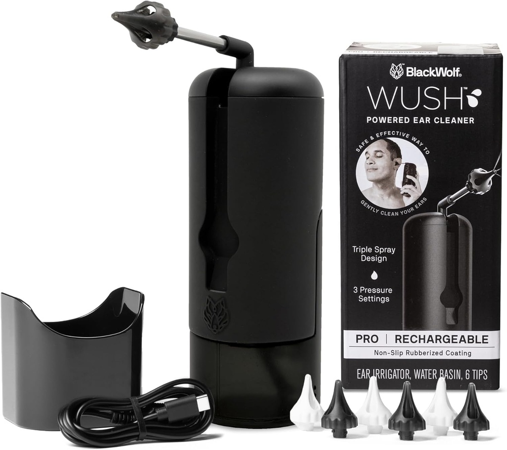 Wush Pro by Black Wolf- Deluxe Water Powered Ear Cleaner- Ohutu & Efektiivne - Elektriline kolmekordne Jet Stream 3 Rõhuseaded kõrvavaha ehitamiseks - Kõrvavavaha eemaldamine Kit- Veekindel USB taaslaetav
