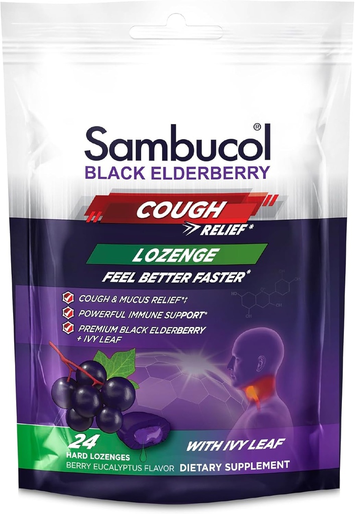 Sambucol Black Elderberry Cough Relief Lozenges - köha tilgad täiskasvanutele, Sambucus Elderberry Lozenges, Ivy Leaf, Cough & Mucus Relief, Immune Support, Berry Eucalyptus - 24 Count, 3 Pack