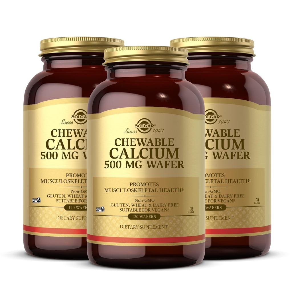 Solgar näritav kaltsium 500 mg - 120 vahtu, pakend 3 - edendab luu- ja lihaskonna tervist - mitte-GMO, vegan, gluteen, nisu ja piima vaba, Kosher - 180 kogu serveerimine
