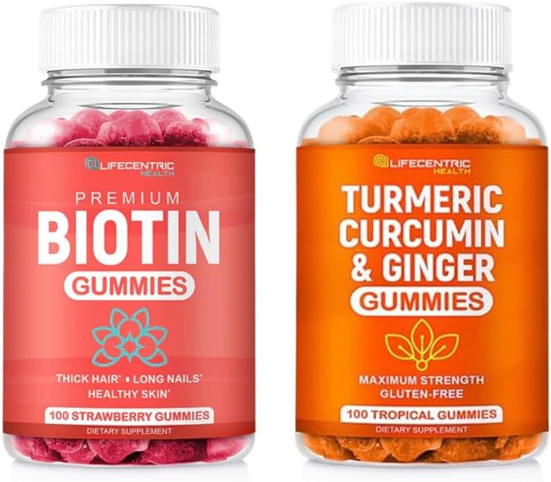 Biotiin ja kurkum Vegan Gummies Combo | Max Tugevus juuste kasv, naha tervis ja üldine heaolu | 10000 mg biotiin ja 95% standarditud kurkumiin | Looduslik, mitte-GMO ja gluteenivaba toidulisand