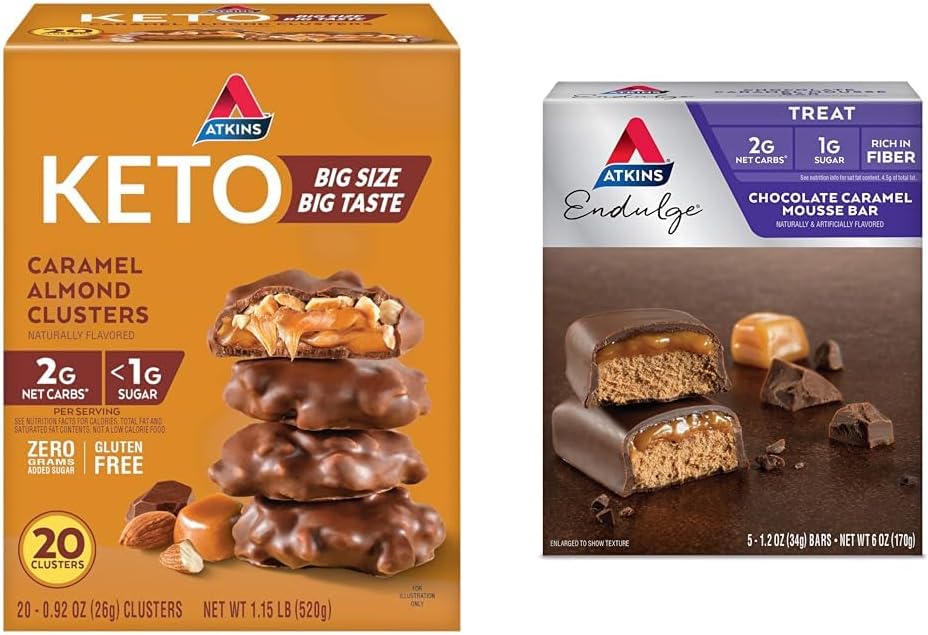 Atkins Caramel Mandli klastrid, Gluteenivaba, kõrge kiudaine, 1g suhkur, 2g Net Carb, Keto Friendly, 20 Count & Endulge Chocolate Caramel Mousse Bar, magustoidu lemmik, 1g suhkur, kõrge kiudaine, 5 krahv