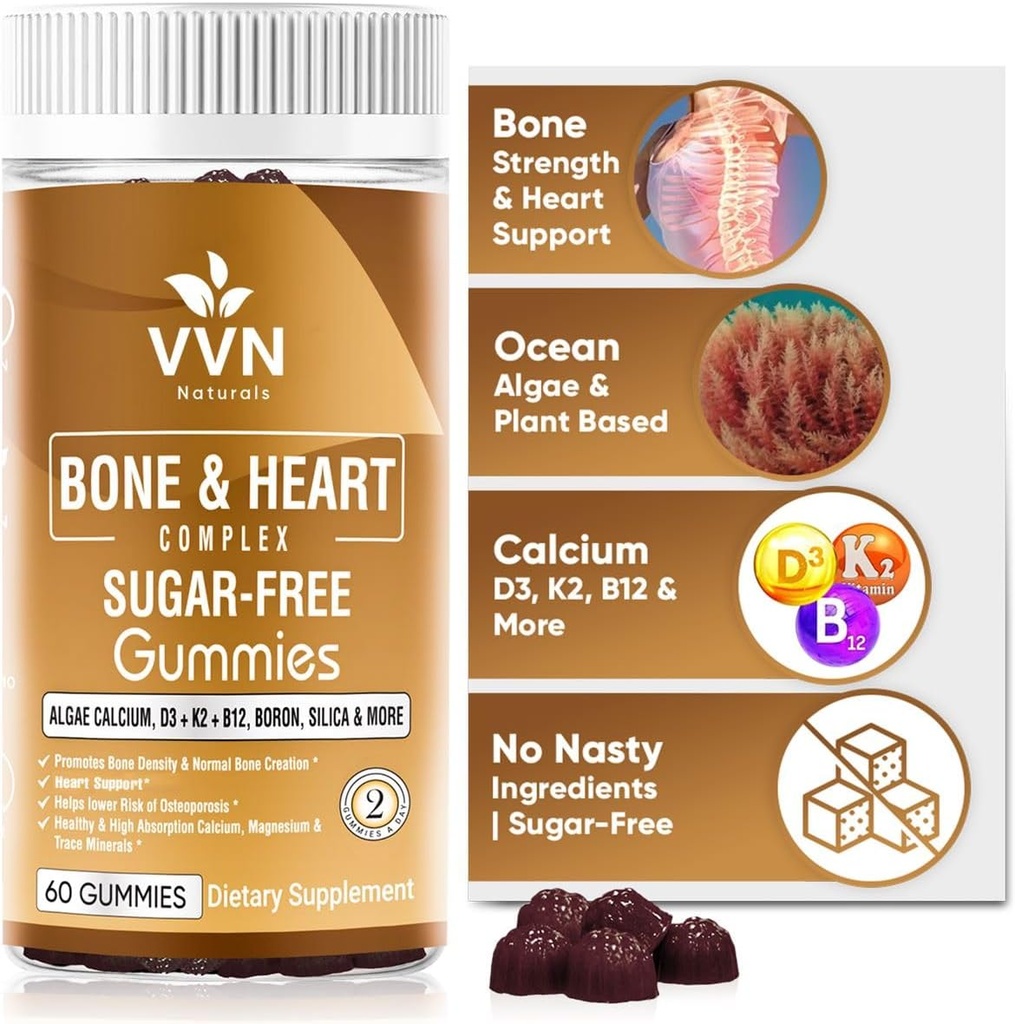 Vegan Calcium Gummies K2 Vitamin Supplement with MK-7 & Vitamin D3, Magnesium & 13 Trace Minerals, Supporting Bone Density | Plant Based | B12 - Bone & Heart Complex, 60 ct.