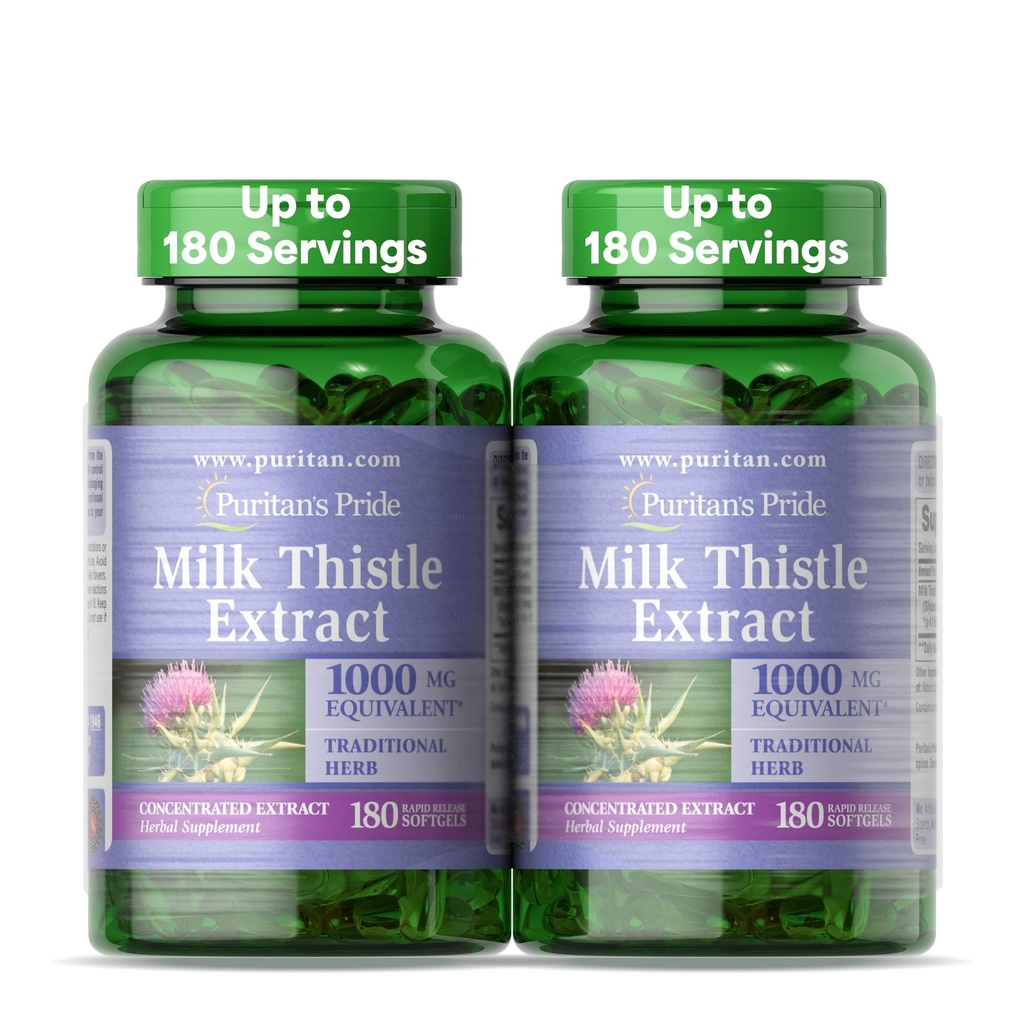 Puritan's Pride Milk Thistle Silymarin 4:1 Concentration Extract 200mg (1000 Mg Equivalent) Dietary Supplement for Liver Support, 6 Month Supply, 180 Count 2-Pack