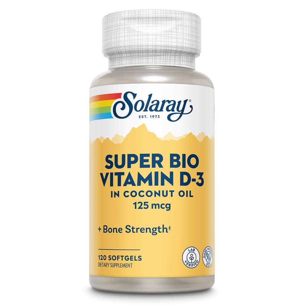 SOLARAY Super Bio Vitamiin D3 kookosõlis - D3 Vitamiin 5000 RÜ - Luu tervise ja immuunsuse tugisammas - Lab Kinnitatud, Made Wtihout Soy, 60-päevane garantii - 120 Softgels, 120 Servings