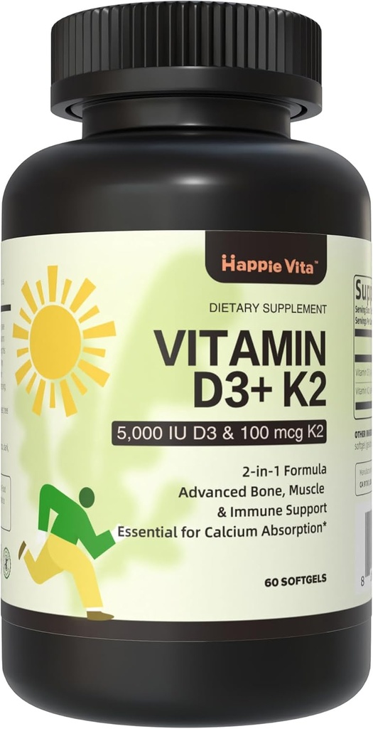 Vitamiin D3 K2, Vitamiin D3 5000 RÜ (125 mcg) + Vitamiin K2 100 mcg, 2 in 1 D3 ja K2 Täiendused luude, hammaste, lihaste ja immuunsüsteemi tervise toetuseks, 60 Softgels