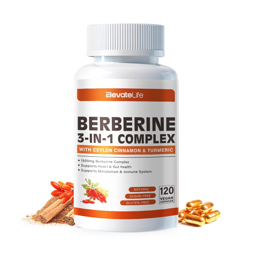 ElevateLife Berberine Supplement - Berberine 1500mg per Serving,120 kapslit - Berberine HCI - Berberine Plus - Plus Pure True Ceylon Cinnamon, Berberine HCI Root Supplements Pills