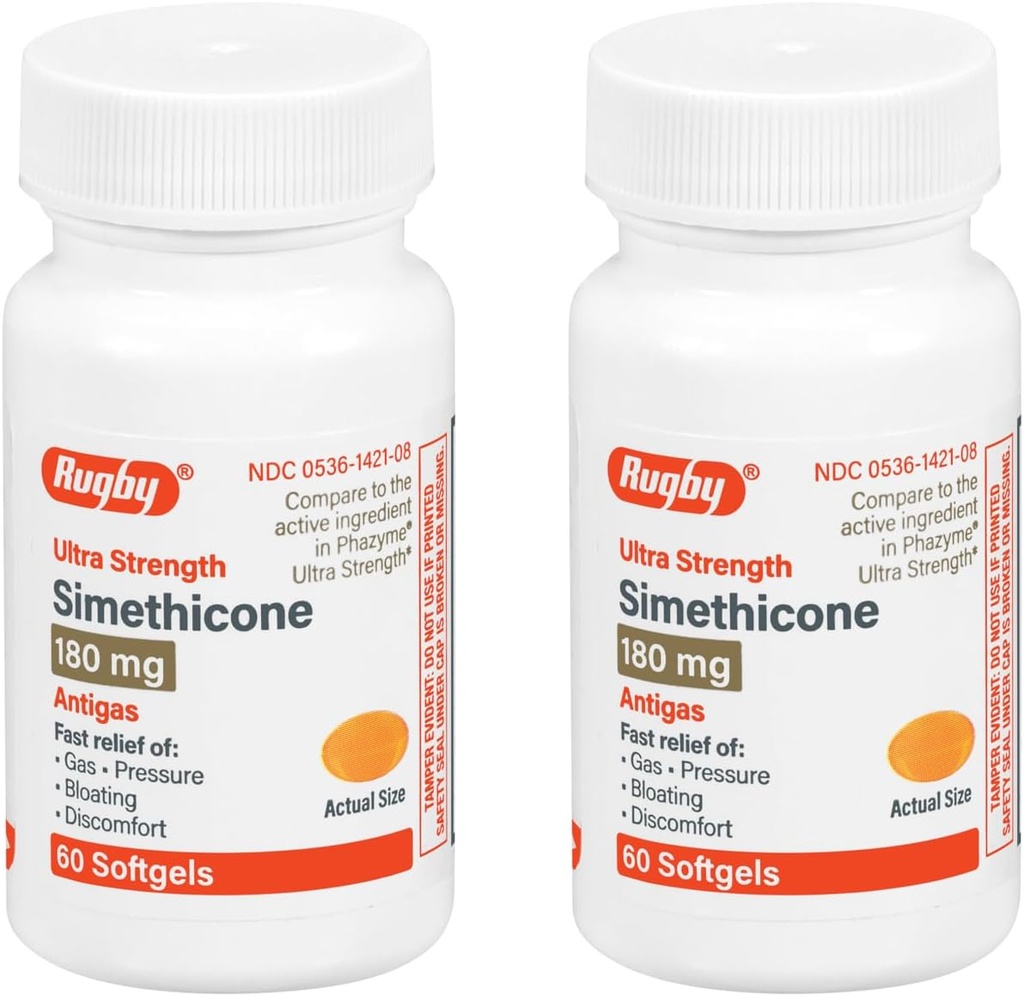 Rugby Ultra Tugevus Simethicone Gas Relief 180 mg - Maksimaalne gaas Relief täiskasvanutele - Võib Aidata Sümptomeid Flatulence, Bloating, Gaasi Täiuslikkus - 60 Softgels (2 Pack)