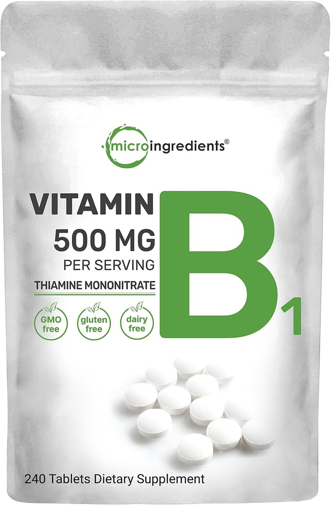 Mikrokoostisosad Vitamiin B1 500mg Serving, 240 tabletti  Vitamin Vitamiin B1 Tiamiinilisand, olulised B-vitamiinid | Toetab ainevahetust ja tervislikku närvisüsteemi | Mitte-GMO, lihtne neelata