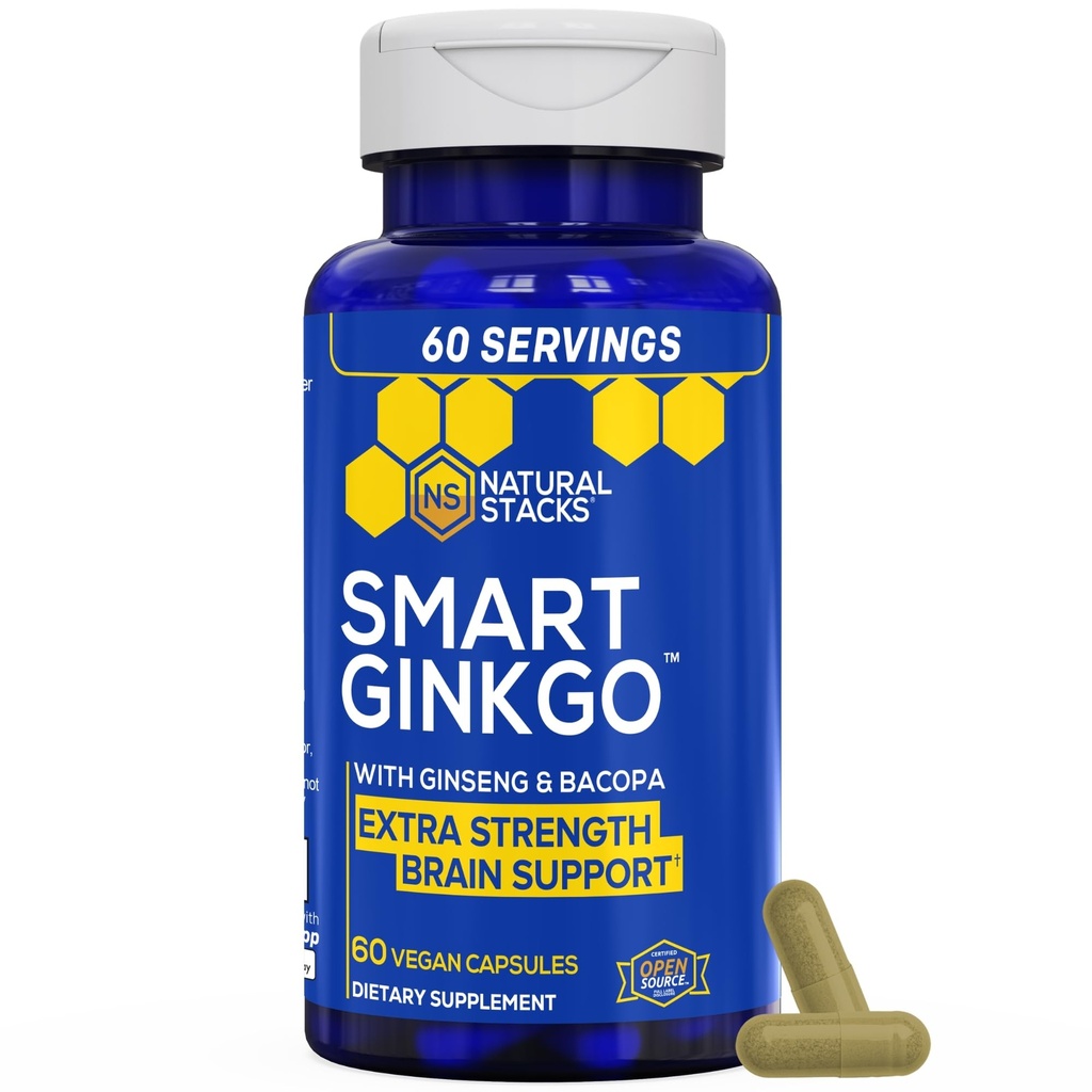 LOODUSLIKUD VARAD Ginkgo Biloba Täiendus 200mg Panax Ginseng & 200mg Bacopa Monnieri - Aju täiendused mälu ja fookuse jaoks - Korea ženšenn aju tervise toetamiseks - 60 Ginkgo Biloba kapslit