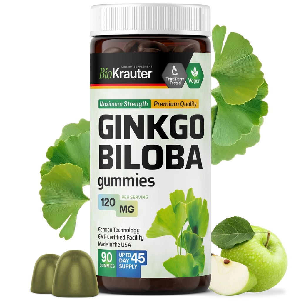 BIO KRAUTER Ginkgo Biloba Gummies - 90 vegan närimist - Ginkgo Biloba lisandid aju toetamiseks - 120 mg standardiseeritud ekstrakt - pektiinipõhine valem