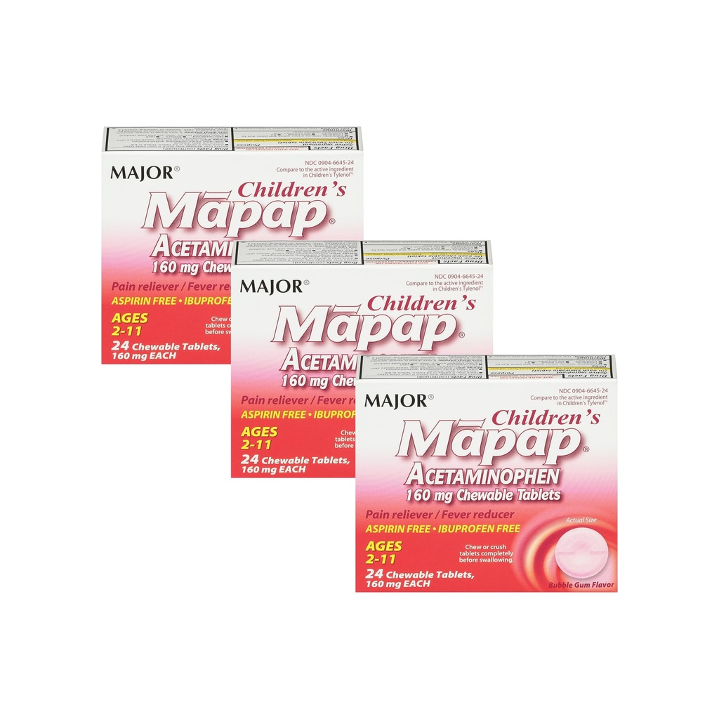 MAJOR Lastekaart Acetaminophen 160 mg närimistabletid - valu leevendaja / palaviku vähendaja - aspiriinivaba - ibuprofeenivaba - vanuses 2 kuni 11-24 Loe (3 pakendit)